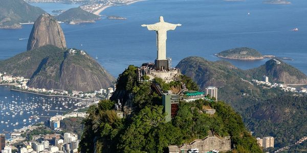 Christ the Redeemer statue overlooking Rio de Janeiro and Guanabara Bay.