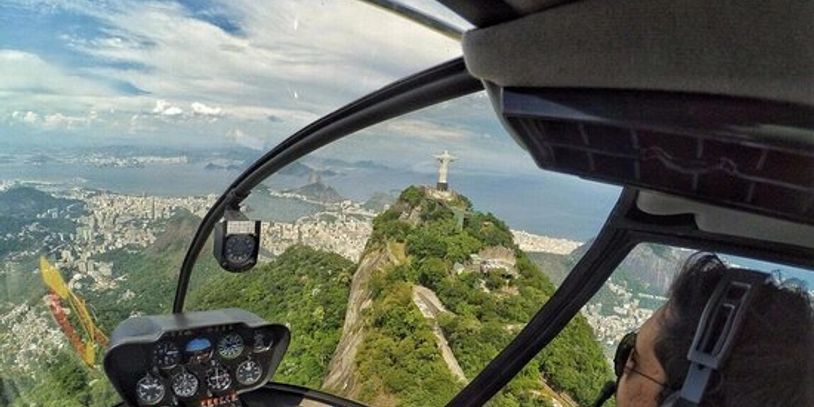 View from a helicopter overlooking Christ the Redeemer in Rio de Janeiro.