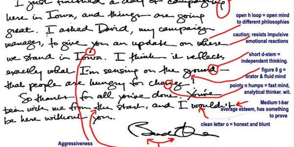 Handwritten note analyzed with annotations describing personality traits.