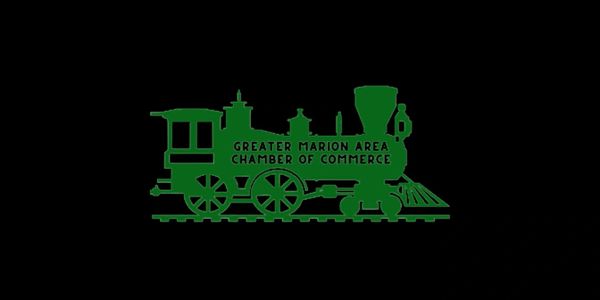 Green train logo for Greater Marion Area Chamber of Commerce on black background.