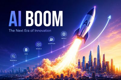 Rocket labeled AI launching into the sky symbolizing AI innovation and growth.
