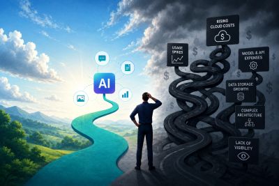 Man choosing between AI benefits and rising cloud costs.