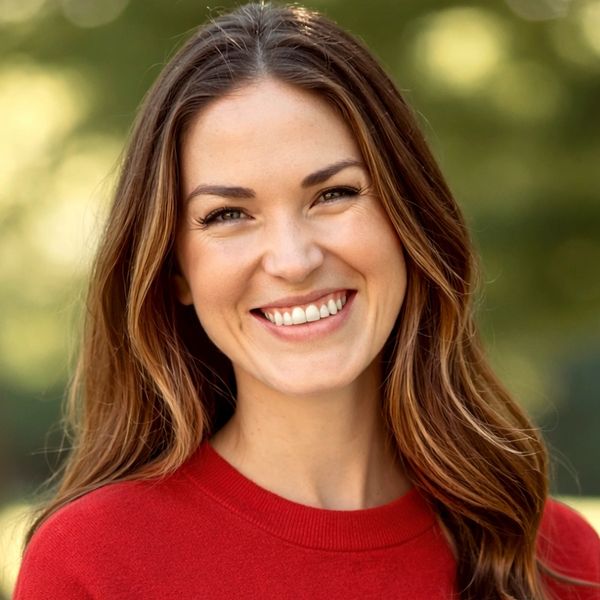 A woman with long brown hair smiling warmly in a red sweater.