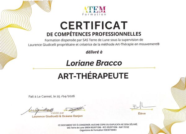 Certification for Loriane Bracco as an Art Therapist from ATEM Formation.