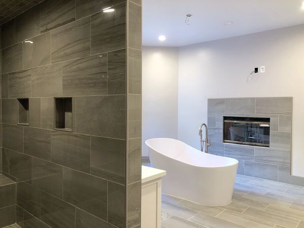 Master bathroom with fireplace 