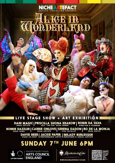 Promotional poster for a live stage show and art exhibition of Alice in Wonderland.