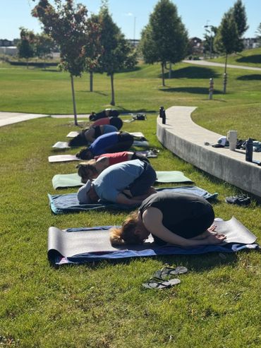 Group practicing yoga outdoors on mats in a grassy park.