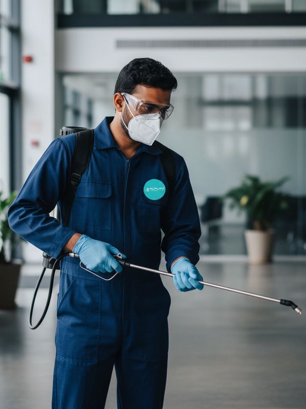 Man in protective gear disinfecting an indoor space with a sprayer.
