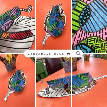 Colorful zentangle bug art displayed on an orange table.