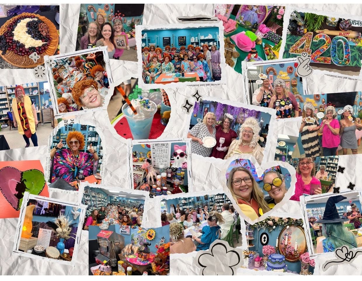Collage of people in costumes and colorful decorations at a group event.