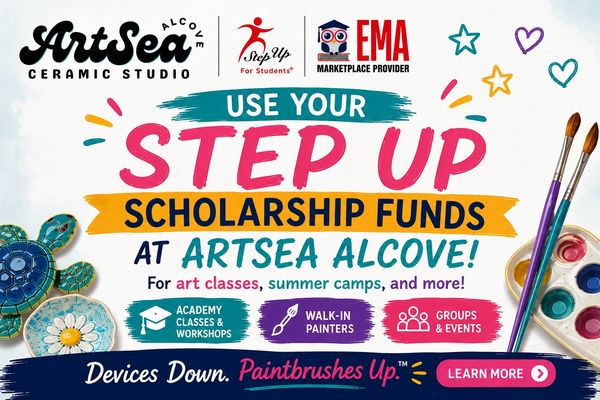 Promotion for using Step Up scholarship funds at ArtSea Alcove for art classes and camps.