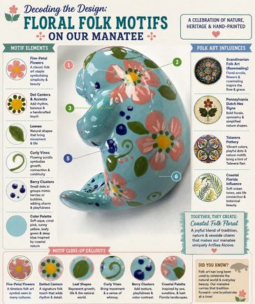Floral folk motifs on a manatee sculpture inspired by nature and heritage.