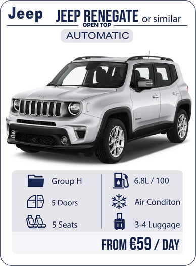 Budget car rental in Stalis with automatic cars and full insurance open top jeep suv renegate