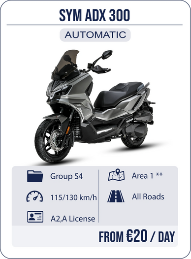 moto Scooter 400 rental near my Stalis hotels, location scooter, no license, full cover insurance
