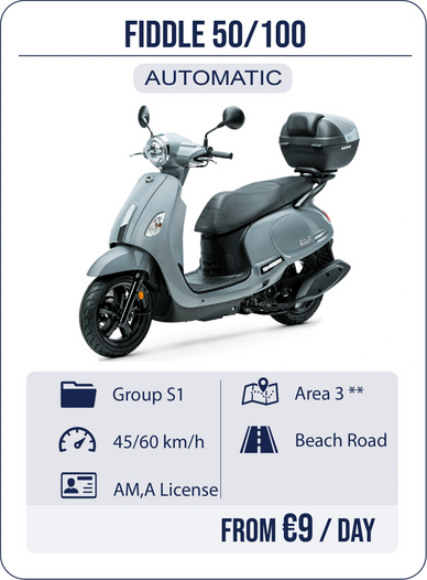 Rent scooter Stalis Crete, scooter mieten günstig, no license needed, full insurance