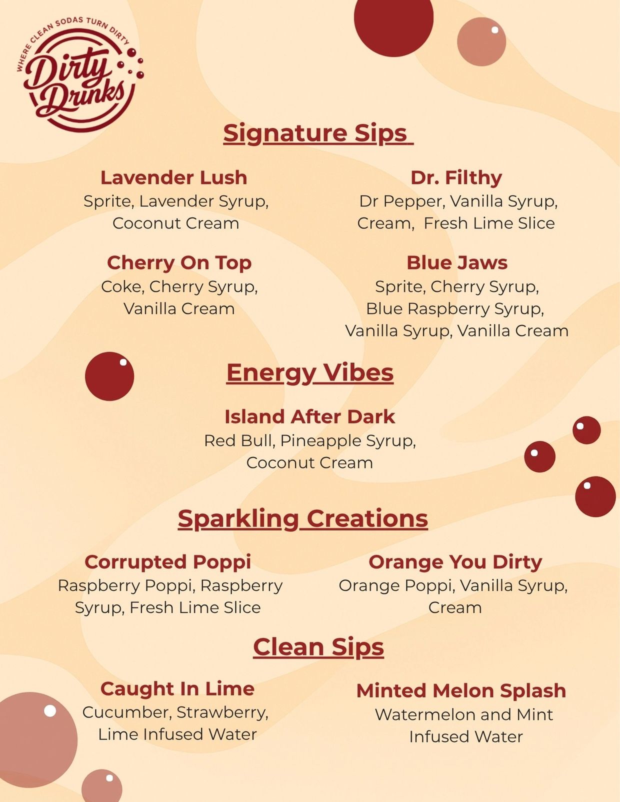 Menu of creative soda-based drinks with unique flavors and syrups.