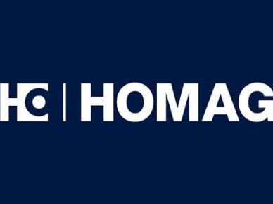 Logo of HOMAG against a dark blue background.
