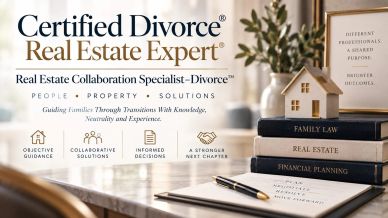 Books and promotional material for divorce and real estate expertise.