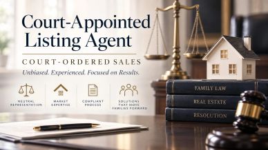 Court-appointed listing agent advertising with legal imagery.
