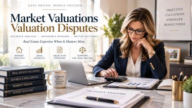Businesswoman analyzing market valuations to resolve disputes.
