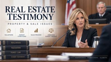 Woman giving real estate testimony in court.