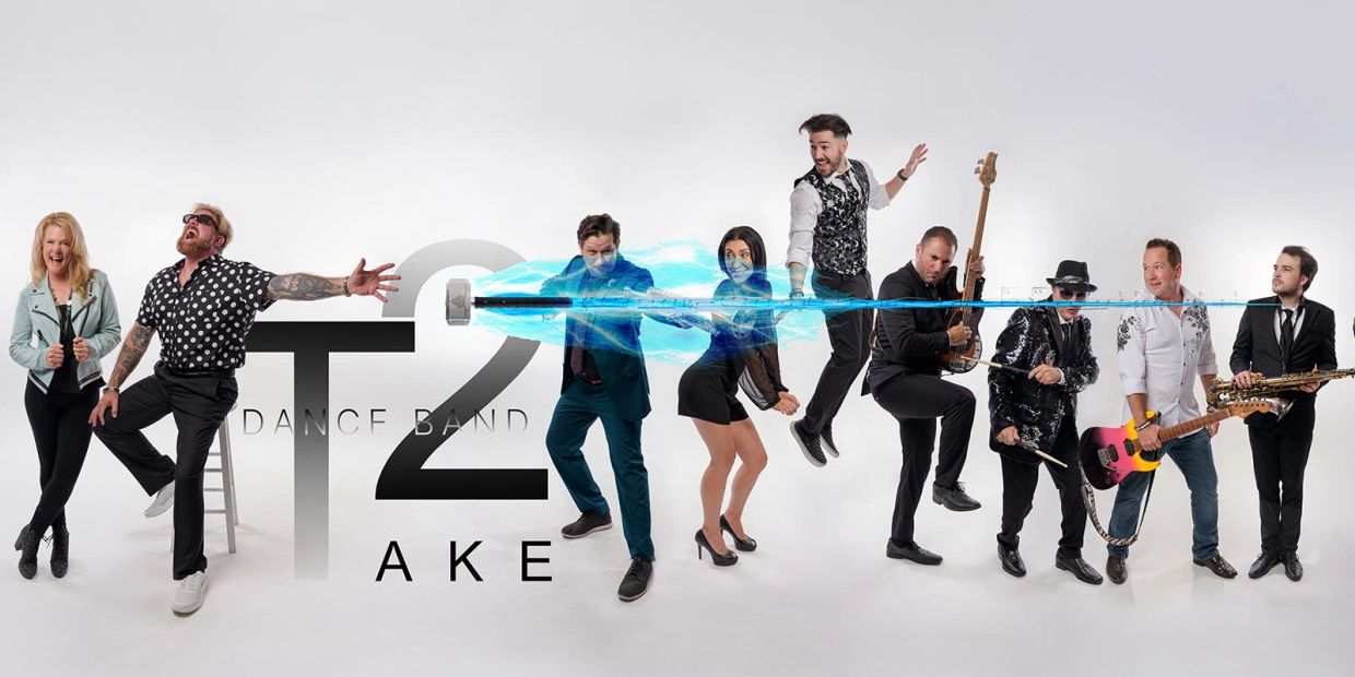A lively dance band posing with a dynamic blue energy effect.