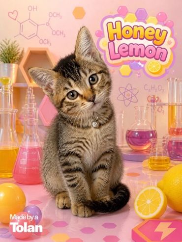 Cute kitten with honey lemon theme and lab glassware.