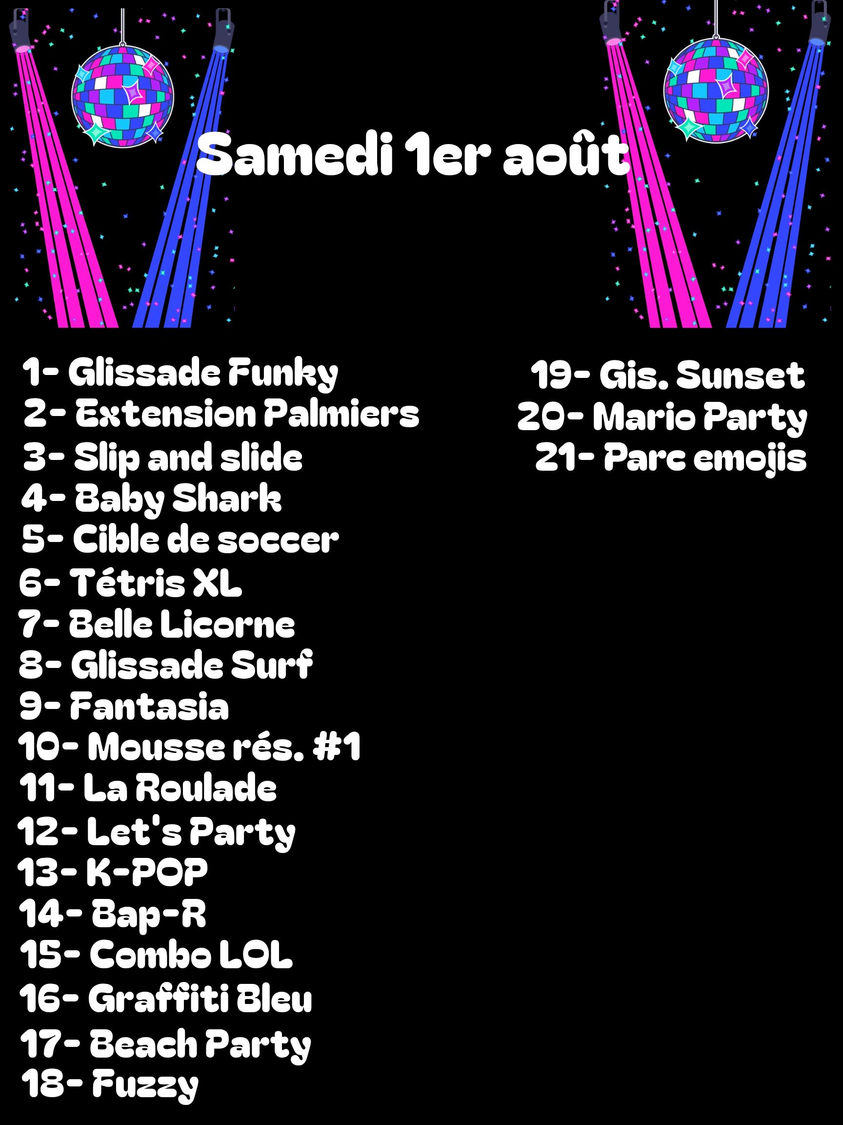 Programme d'activités du samedi 1er août avec 21 événements.
