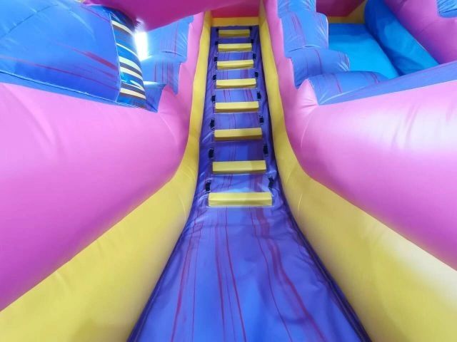 Colorful inflatable slide with ladder for climbing.
