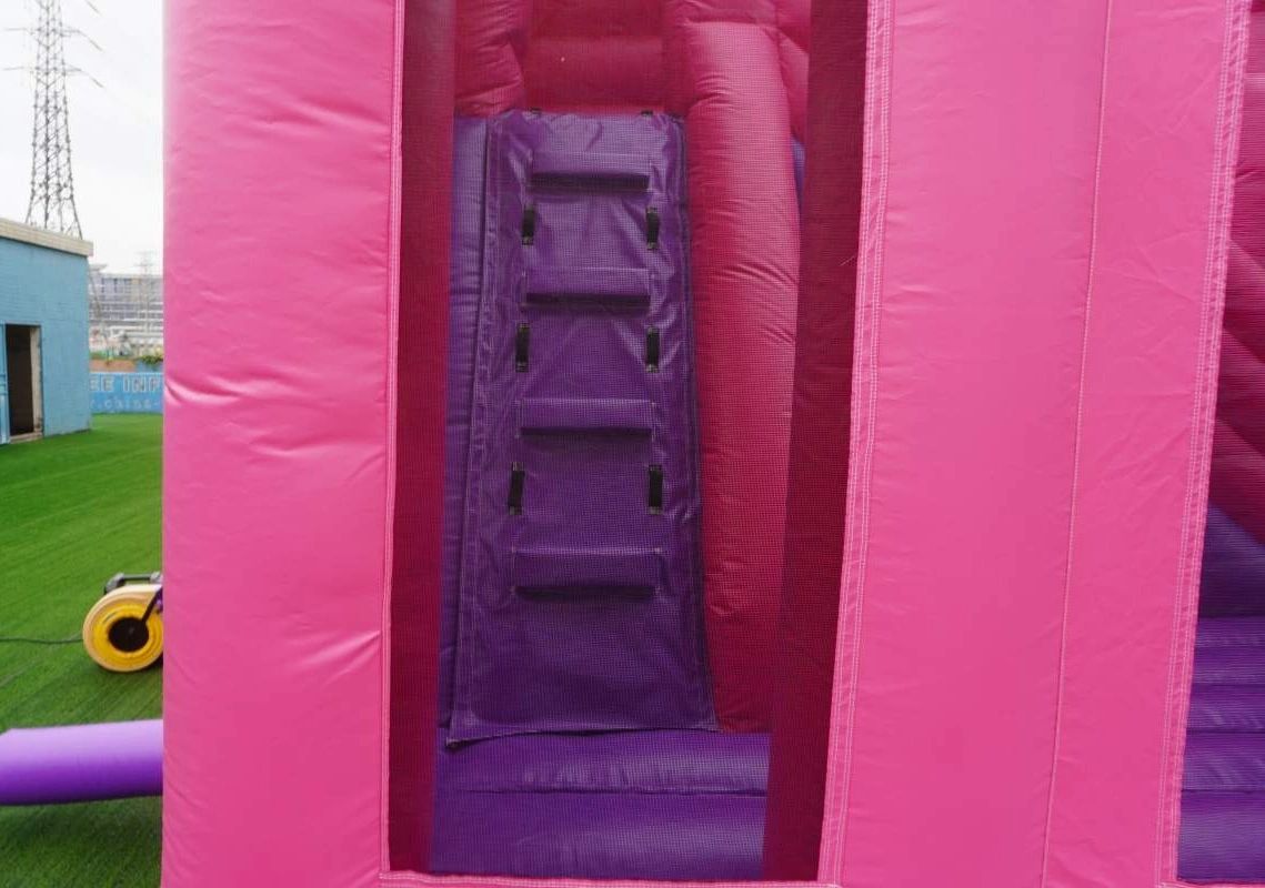 Close-up of a pink and purple inflatable structure with climbing steps.
