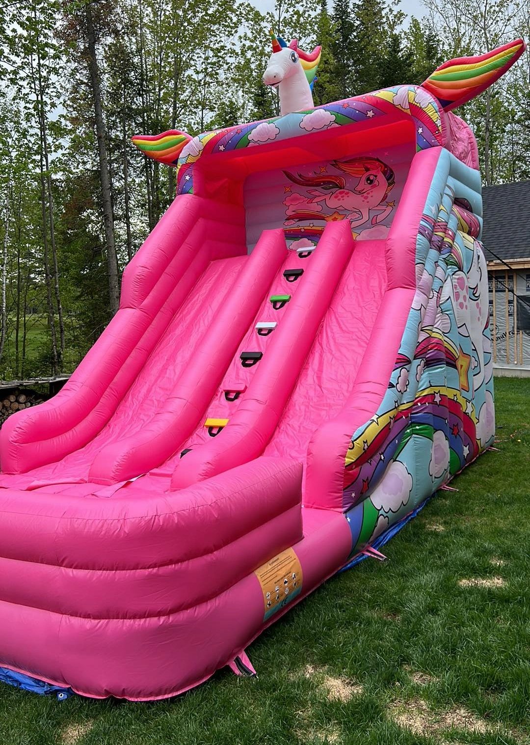 Bright pink inflatable unicorn slide with rainbow wings in a backyard.
