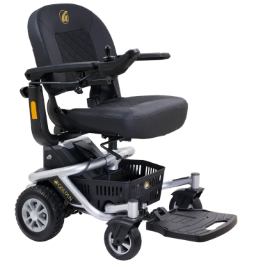 A sleek black electric wheelchair with padded seat and armrests.