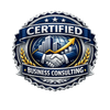 Certified Business Consulting emblem with handshake and stars.