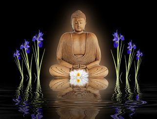 Photo ofBudda figure and orchids on water