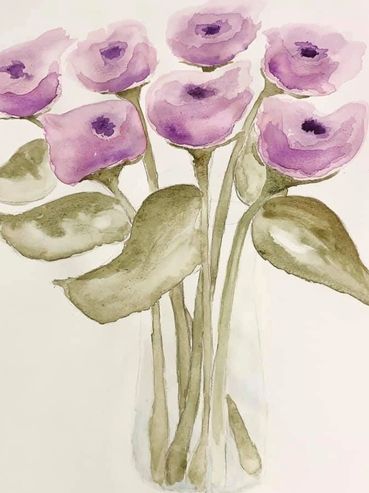 Original watercolor. 7 lavender blooms w/ dark purple centers. Green stems in clear vase with leaves