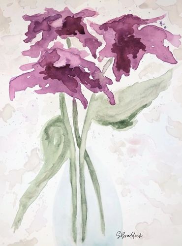Original watercolor. 3 pinkish/purple blooms with long green stems in clear vase. 2 leaves each side
