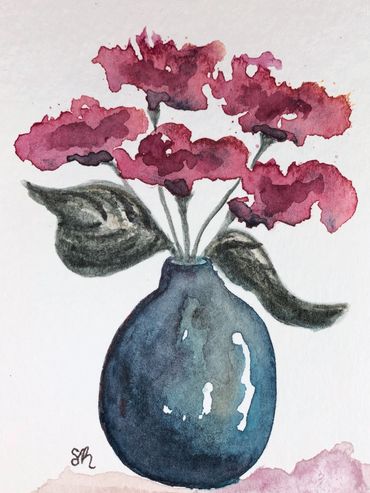 Original watercolor. 5 dark pink blooms with dark green stems in blue vase. 2 green leaves each side