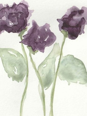 Original loose watercolor. 3 purple blooms each with a long green stem and 1 leaf each.