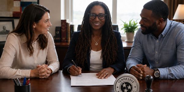 Three professionals smiling during a document signing in an office.