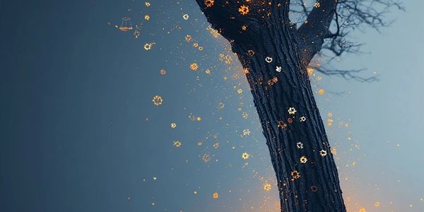A cottonwood tree emerging toward the sky with faint golden gears encircling it and rising upwards.