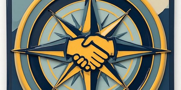 Nineteen fifties enamel pin featuring a soft navy gold compass intertwined with a golden handshake.