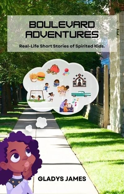 Kid standing on a shady boulevard thinking about past adventures depicted in a cloud above her head.