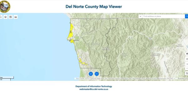 Map of Del Norte County with coastal areas highlighted.