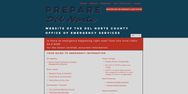 Emergency services website for Del Norte County with alerts and information.