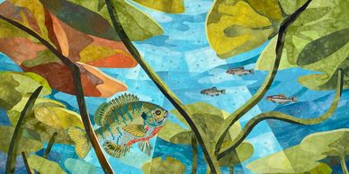 Colorful fish swim among underwater plants in a bright aquatic scene.