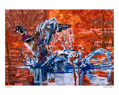 Colorful art of a duck taking off from water at sunset.