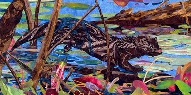 Colorful fabric collage of a mink in a vibrant wetland environment.