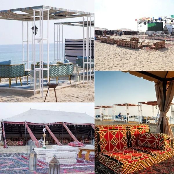 Outdoor beach seating with traditional and modern designs under shade structures.