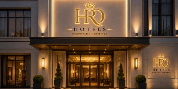 Elegant hotel entrance with glowing HRD Hotels sign and warm lighting.