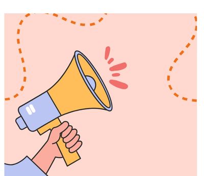 Hand holding a megaphone with sound signals on a pink background.